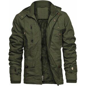 Mens Army Green Thick Winter Jacket Hooded Fleece Lined Cotton Military Coat